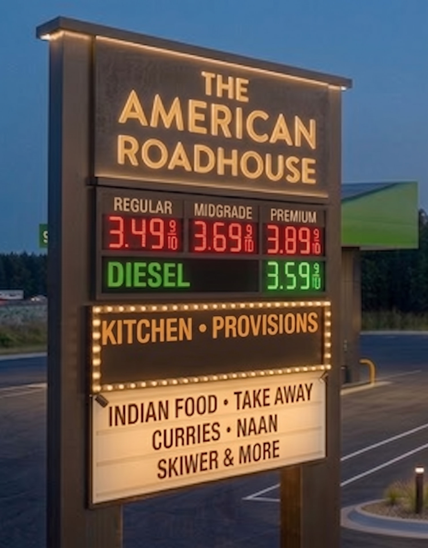 Illuminated The American Roadhouse roadside marquee showing fuel prices and a kitchen menu board