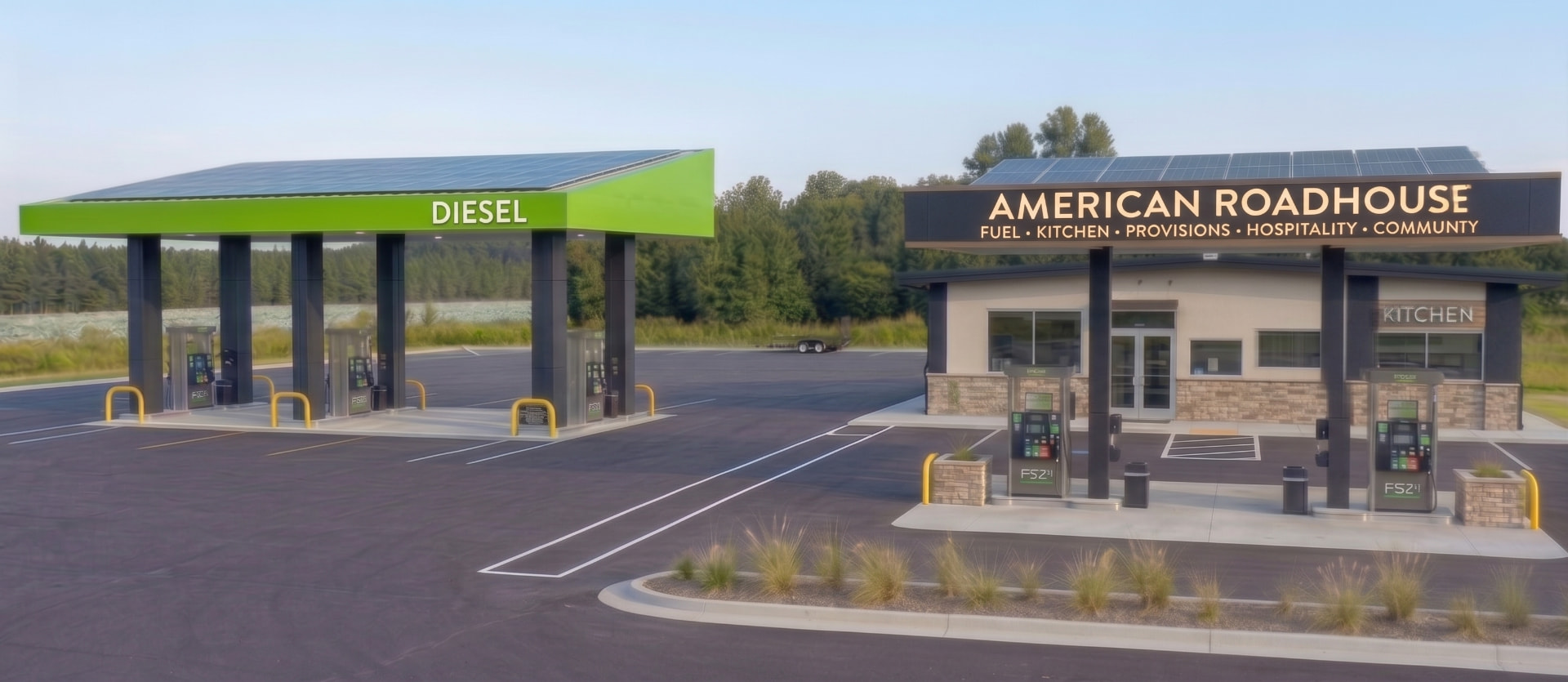 The American Roadhouse prototype site with charcoal canopy and green diesel canopy