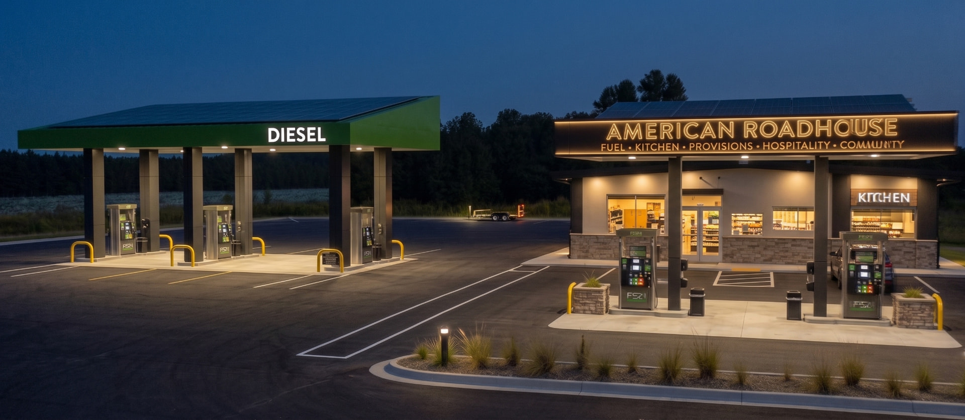 The American Roadhouse prototype at dusk with illuminated canopy signage and green diesel canopy